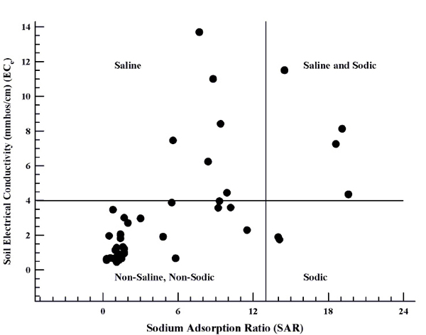 Fig. 3: Scatter plot of salinity assessment of selected soils submitted to NMSU, illustrating that soils can be non-saline/non-sodic, saline/non-sodic, non-saline/sodic, and saline-sodic. 
